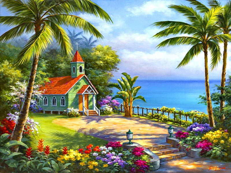 Tropical paradise, fence, pretty, colorful, hut, house, cottage, cabin, bonito, sea, palm trees, nice, painting, tropics, art, rest, vacation, exotic, lovely, view, ocean, relax, sky, palms, water, paradise, summer, nature, tropical, HD wallpaper