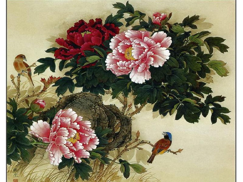 oriental painting, oosterse schilderkunst, bloemen, kunst, HD wallpaper