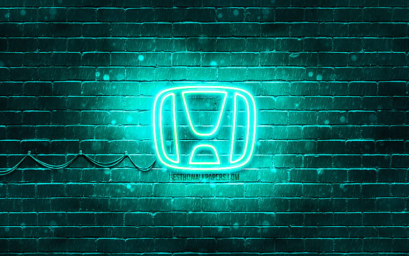 Honda turquoise logo turquoise brickwall, Honda logo, cars brands, Honda neon logo, Honda, HD wallpaper