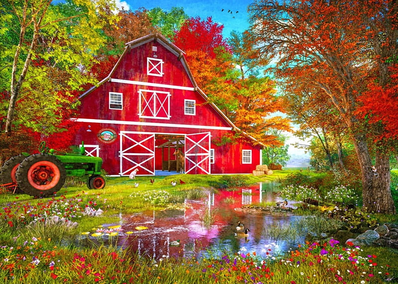 The red barn, farm, art, red, dominic davison, painting, pictura, barn, HD wallpaper