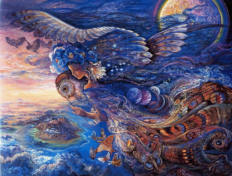 Queen of the night, art, moon, wings, sunset, butterflies, woman, HD wallpaper