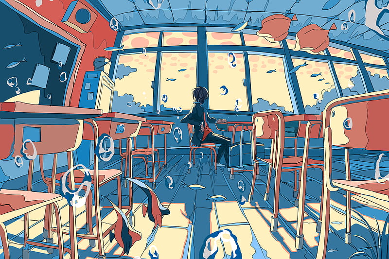 Anime, Original, Boy, Chair, Classroom, Fish, HD wallpaper