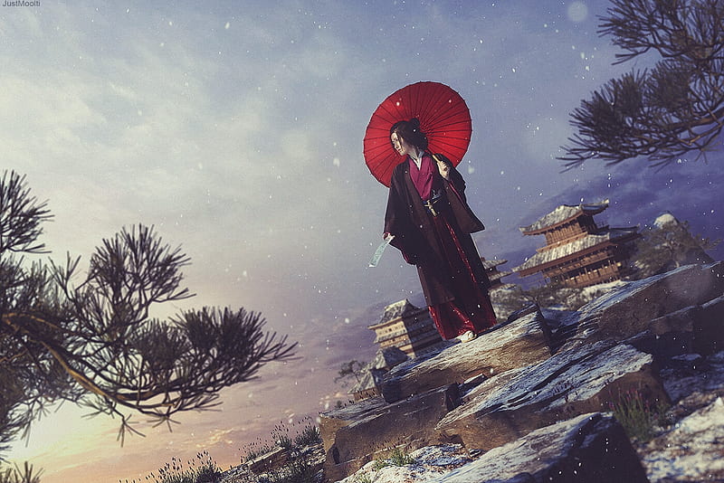 Sekiro Emma, vas mor, girl, umbrella, asian, parasol, art, red, frumusete, vasmor, luminos, fantasy, HD wallpaper