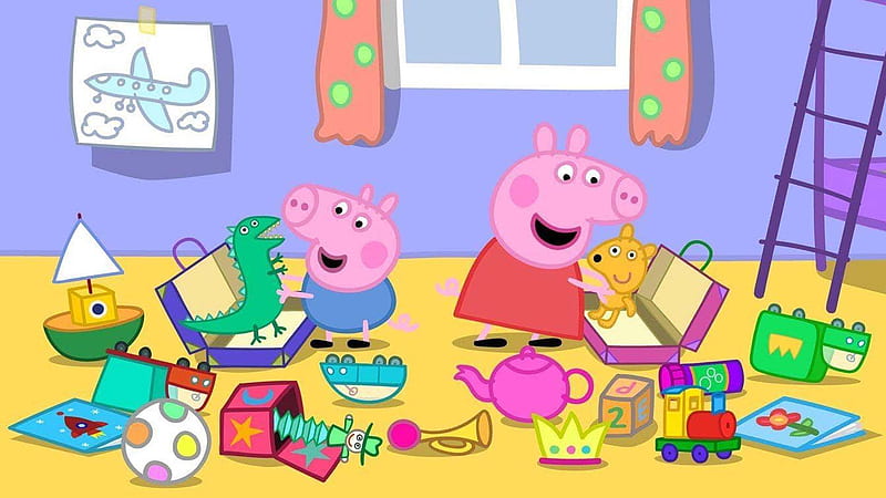 peppa pig george pig with teddy and toys anime, HD wallpaper