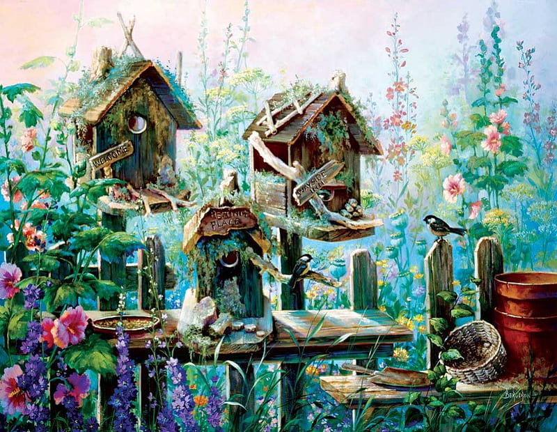 BIRDHOUSE ROWS, BIRD, HOUSES, PAINTING, ROWS, HD wallpaper