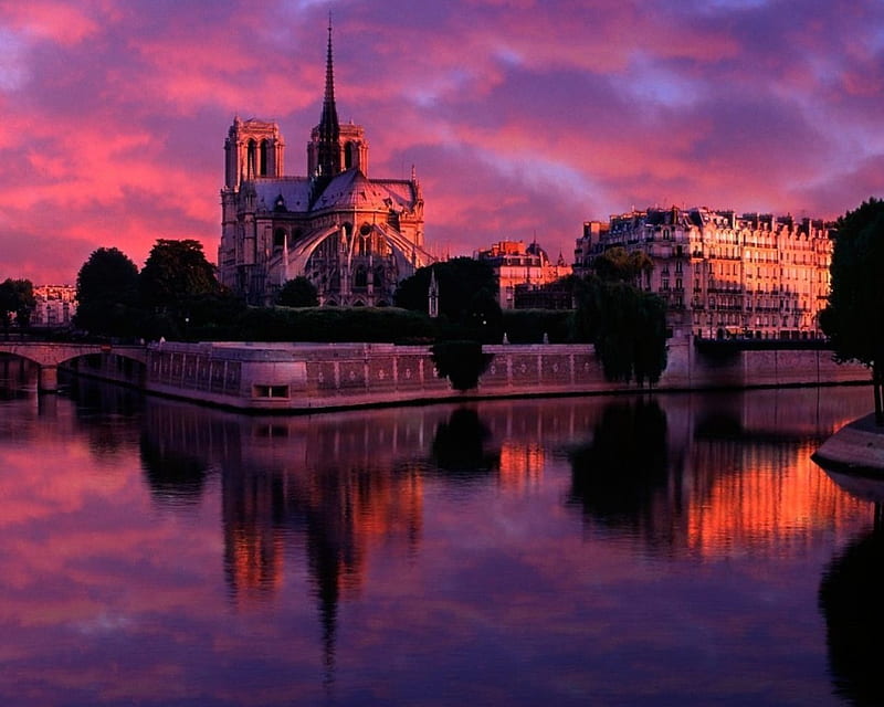 Notre Dame at Sunset, Europe, Notre Dame, Paris, France, famous landmark, historical Catholic, Cathedral, HD wallpaper