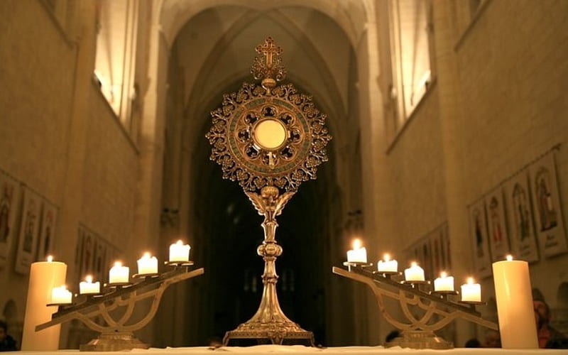 The Most Holy Sacrament, Sacrament, adoration, candles, monstrance, Jesus, HD wallpaper