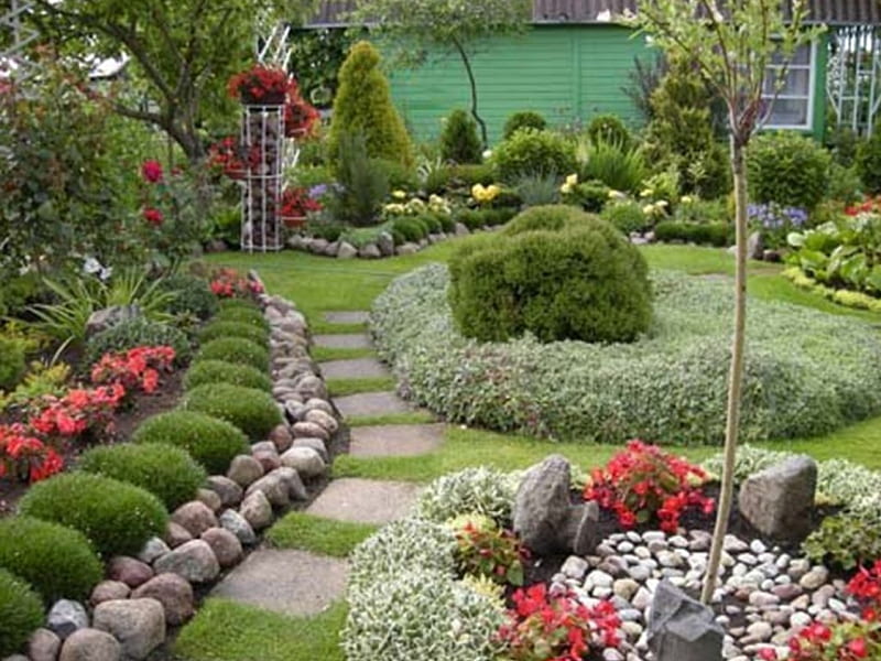 garden with a rockery, garden, flowers, grass, stone paths, HD wallpaper