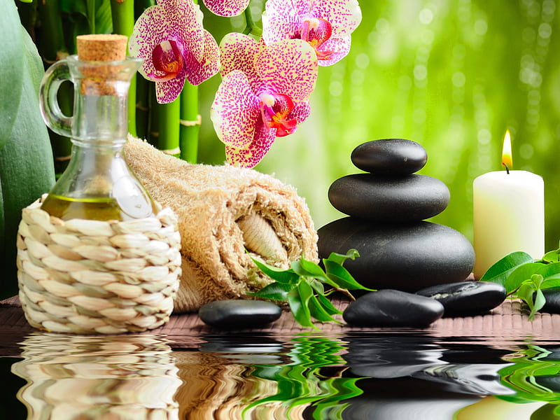 Spa treatment, treatment, pretty, grass, bottle, bonito, towel, bamboo, leaves, nice, stones, green, flowers, reflection, candle, lovely, greenery, basket, orchid, spa, petals, HD wallpaper