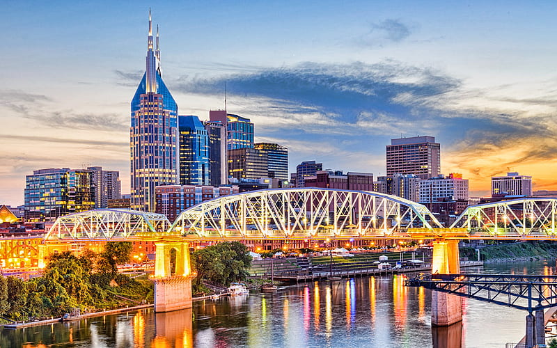 Nashville, Tennessee, evening, sunset, skyscrapers, ATT Building, Nashville skyline, Nashville cityscape, USA, HD wallpaper