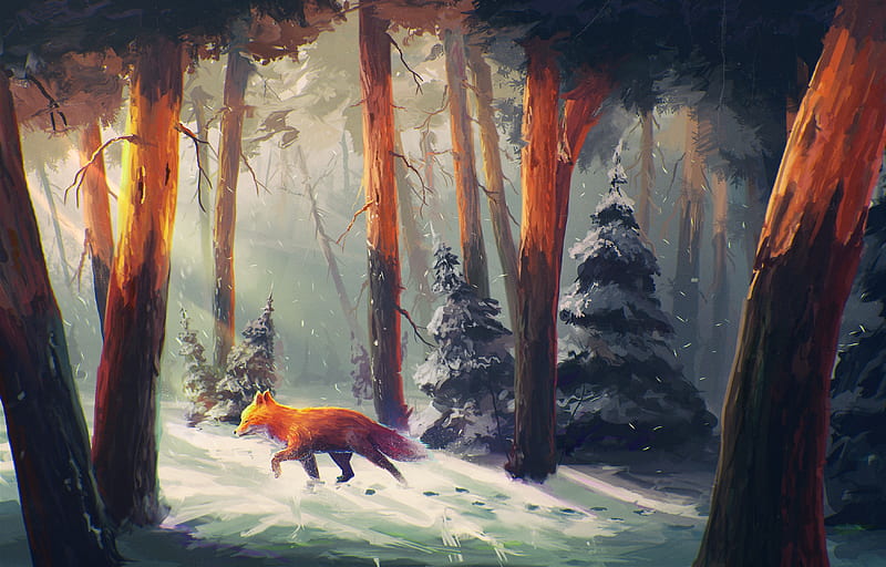 fox, walking, forest, snow, artwork, Fantasy, HD wallpaper