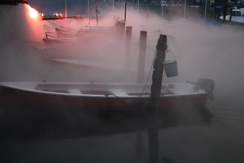 Boats in Mist, dust, river, morning, motor, HD wallpaper
