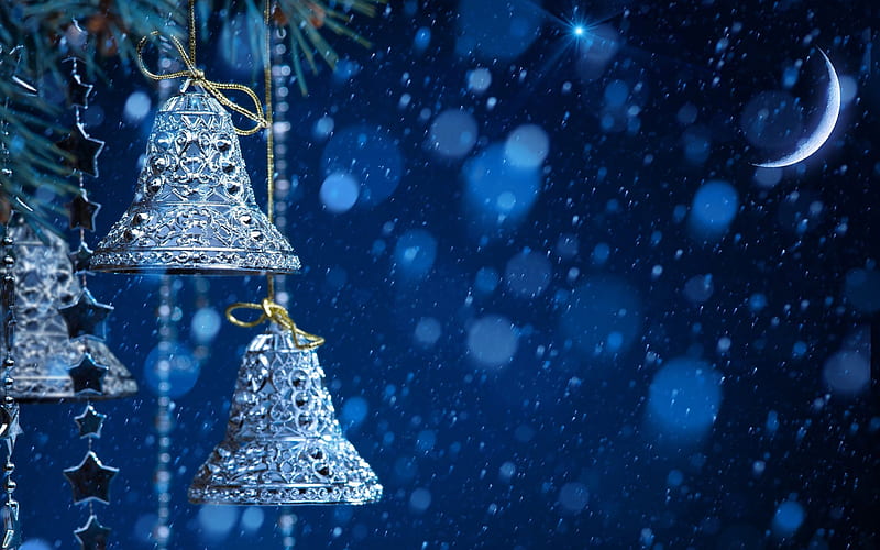 Christmas bells, blue christmas background, Christmas, New Year, silver bells, HD wallpaper