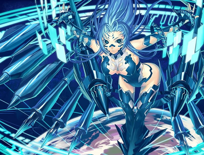 Anime girl with blue hair in armor