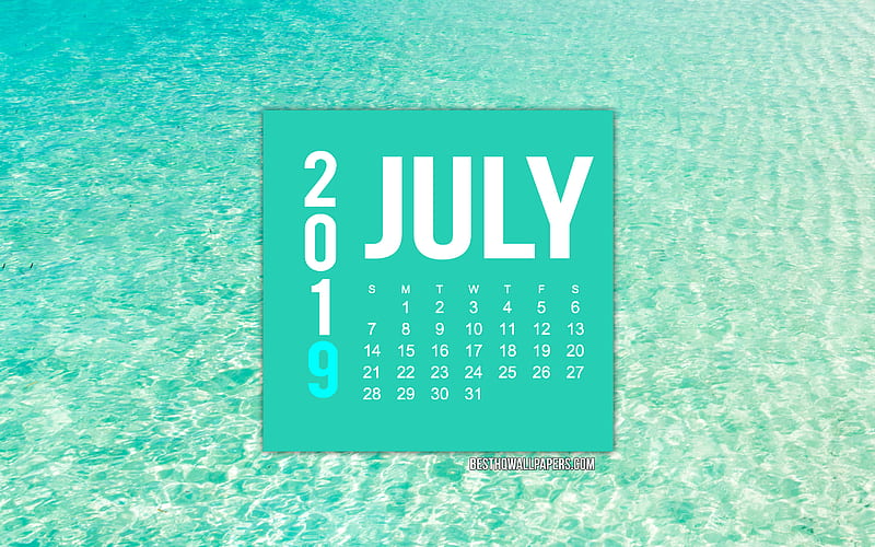 July 2019 Calendar, azure calendar, sea background, tropical island, ocean background, 2019 calendars, art, 2019 July Calendar, HD wallpaper