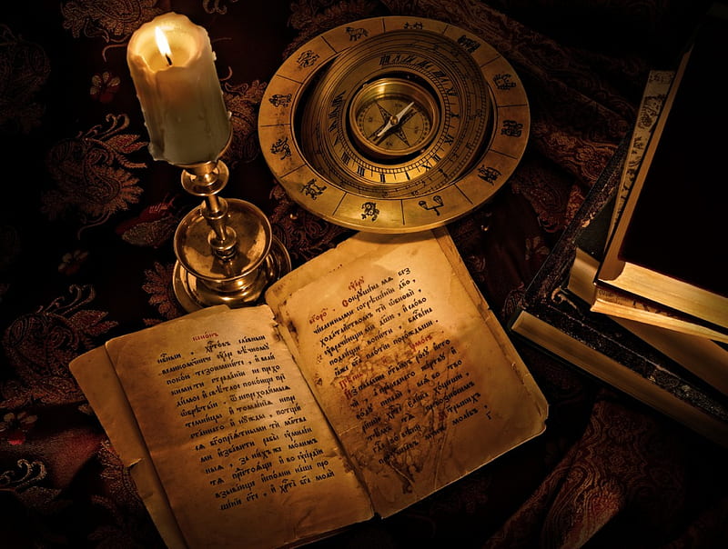 *Old book and compass*, candle, open book, books, book, old, compass, still life, thinks, dark, vintage, HD wallpaper