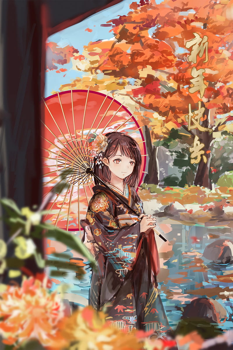 girl, umbrella, anime, kimono, garden, autumn, HD phone wallpaper