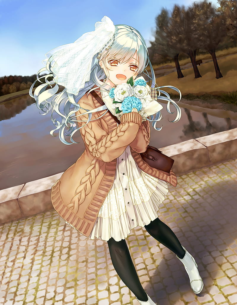 anime girl, smiling, aqua hair, flowers, dress, Anime, HD phone wallpaper