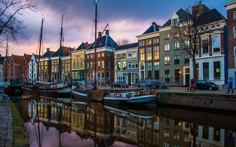 Groningen, Netherlands, boats, Netherlands, Groningen, canal, houses, HD wallpaper