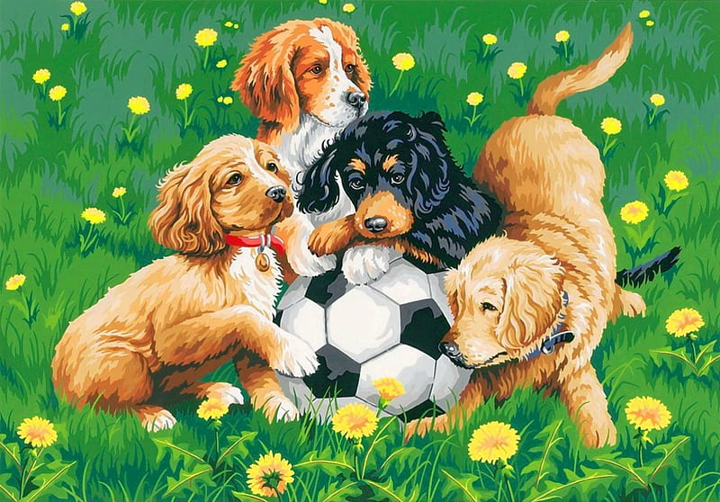 Playing puppies, art, grass, fun, spring, joy, freshness, play, sweet, cute, ball, puppies, painting, flowers, football, friends, HD wallpaper