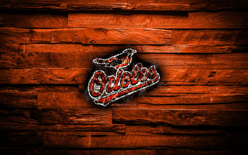 Baltimore Orioles scorched logo, MLB, orange wooden background, american baseball team, grunge, baseball, Baltimore Orioles logo, fire texture, USA, HD wallpaper