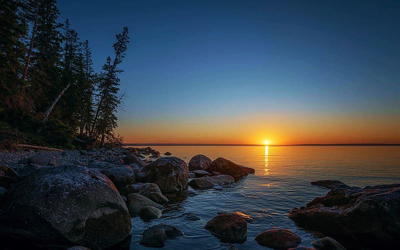 Waskesiu Lake, Saskatchewan, Canada, trees, water, reflections, sunset, stones, HD wallpaper