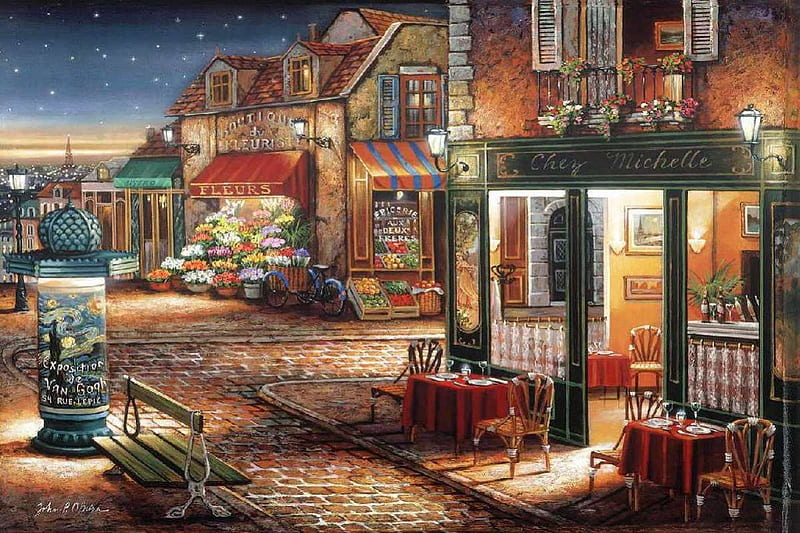 Painting, pretty, cafe, bonito, nice, city, Paris, love, flowers, evening, street, art, rest, lovely, romantic, view, romance, town, market, coffee, restaurant, HD wallpaper