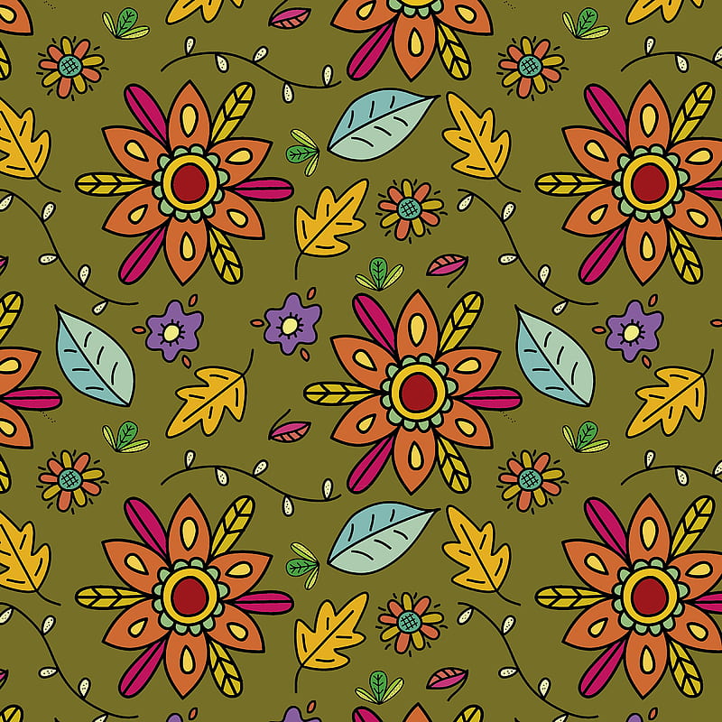 pattern, flowers, leaves, branches, art, HD phone wallpaper