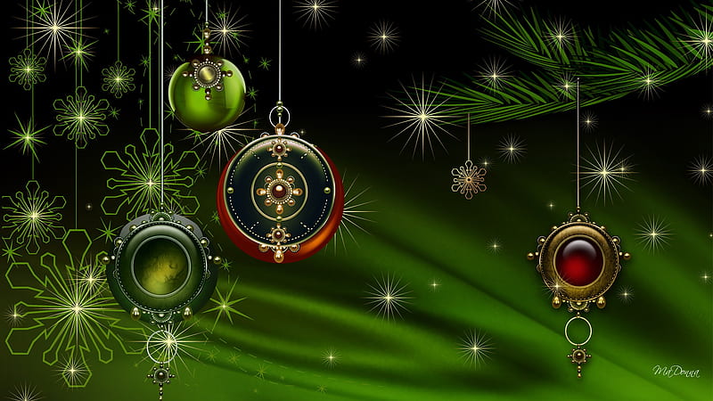 Green with Jewel Ornaments, gold stars, feliz navidad, christmas, snowflakes, firefox persona, fir, jewel ornaments, spruce, HD wallpaper