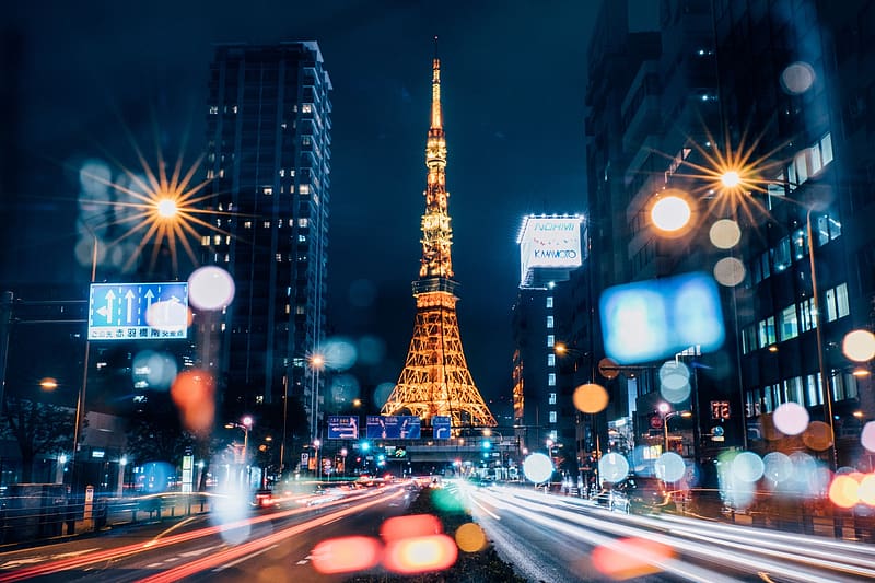 Night, City, Skyscraper, Building, Japan, Bokeh, Tokyo, , Time Lapse, Tokyo Tower, HD wallpaper