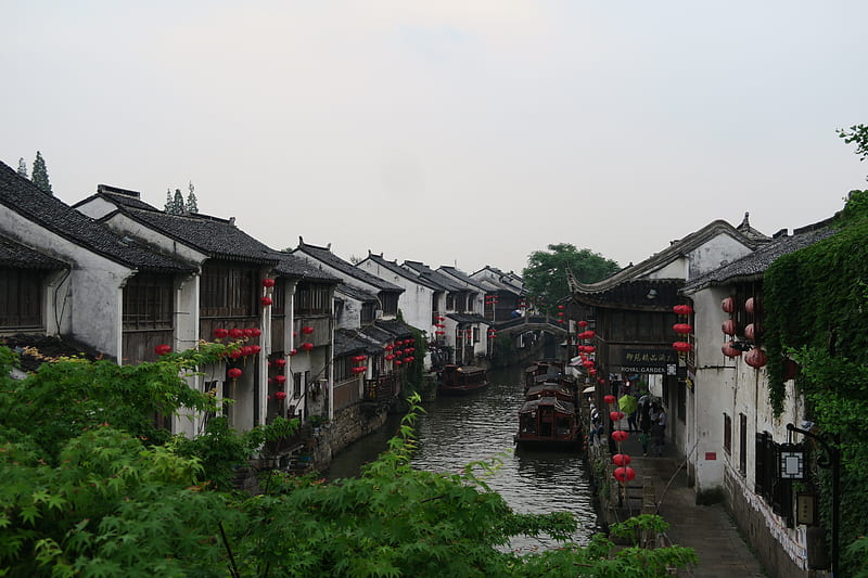 Moon river town, China, Jiaxing, river, water ancient city style, old house, HD wallpaper