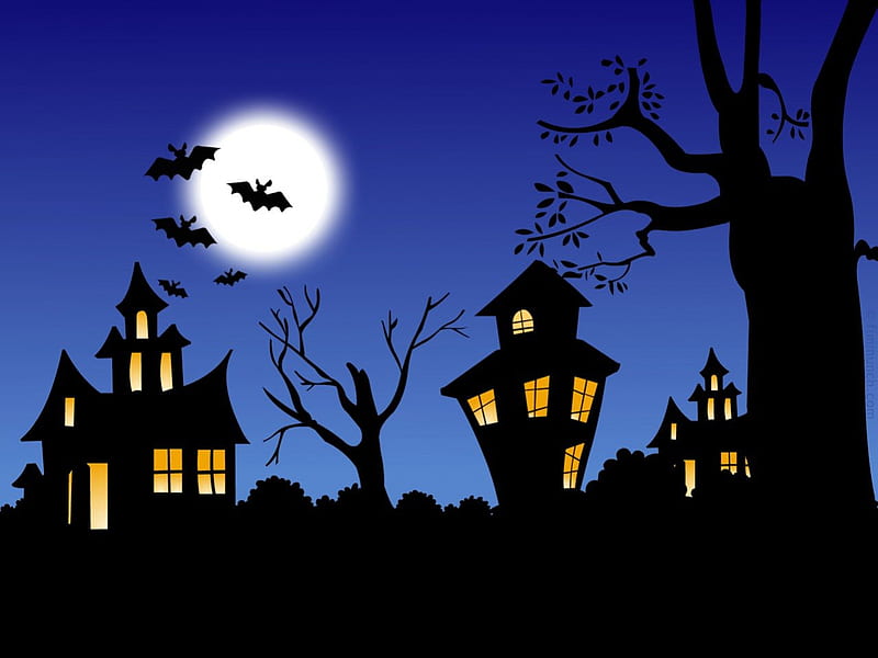 Halloween, bats, haunted house, haunted, cartoon, haunted houses, tree,  moon, HD wallpaper | Peakpx