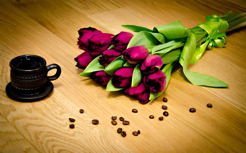 Purple Tulips, coffee beans, still life, graphy, coffee, bouquet, cup, flowers, nature, tulips, tulip, HD wallpaper