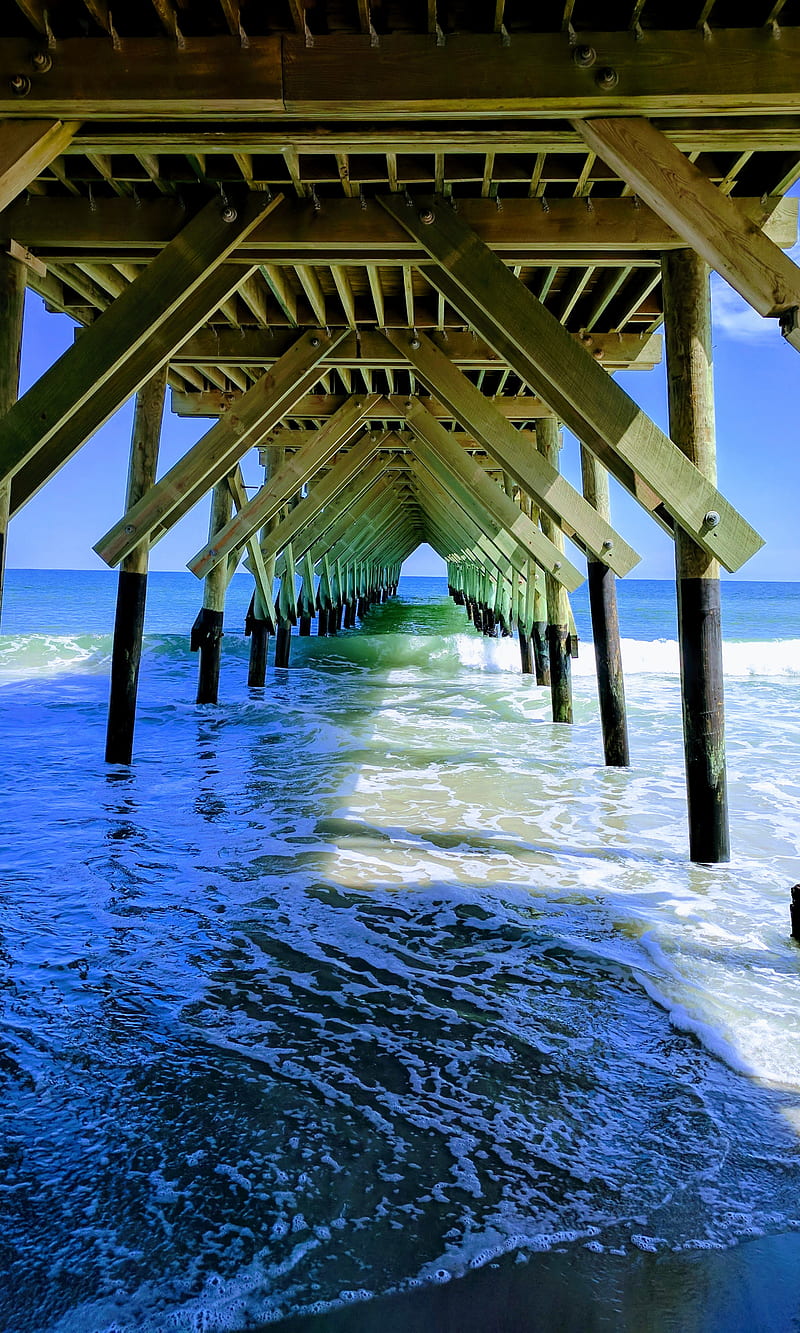 Wrightsville, beach, blue, green, ocean, pier, HD phone wallpaper
