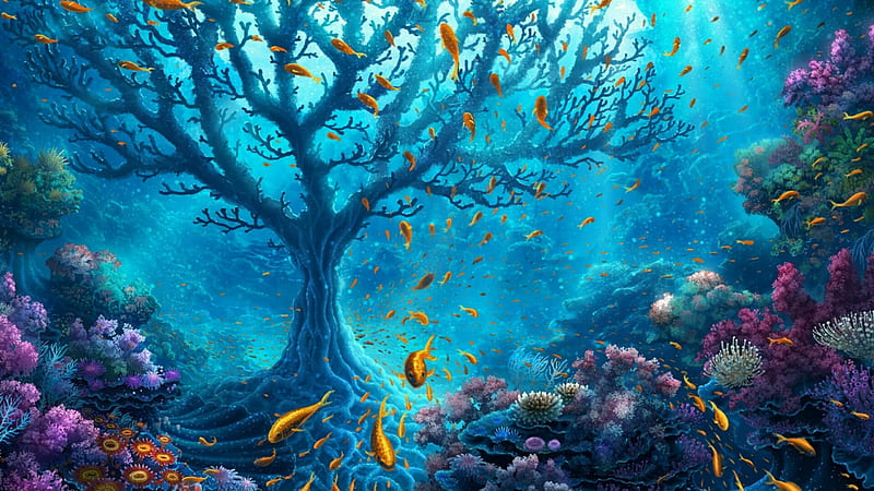 Golden Fish Reef, background, blue, leaves, tree, fantasy, gold, HD wallpaper