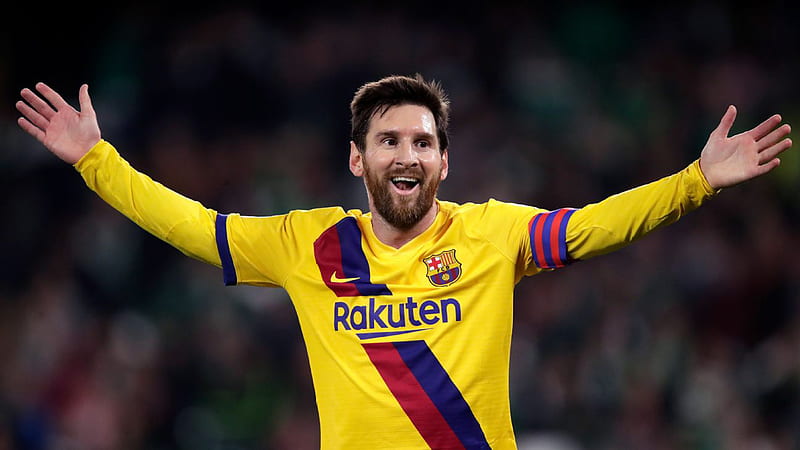 Smiley Lionel Messi Is Showing Hands In Air Wearing Yellow Sports Dress In Blur Background Messi, HD wallpaper