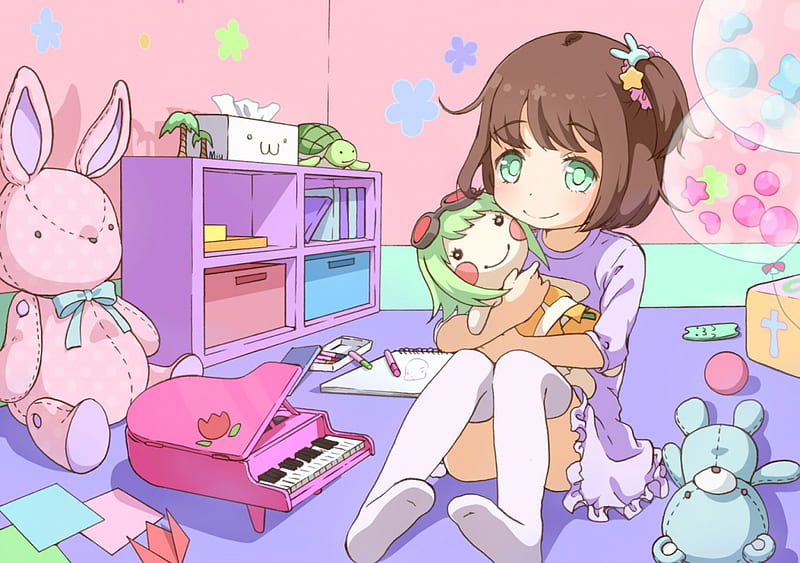 Playtime With Gumi, colorful, green eyes, book, sweet, anime, little girl, toys, papers, vocaloid, brown hair, gumi, doll, piano, cute, balloons, bunny, teddy bear, HD wallpaper