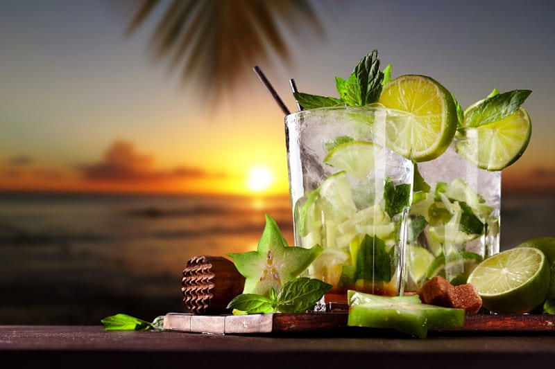 Mojito, cocktail, drink, sunset, tropical, lime, HD wallpaper