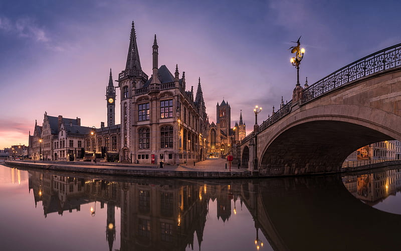 Ghent, evening, sunset, stone bridge, old architecture, Belgium, HD wallpaper