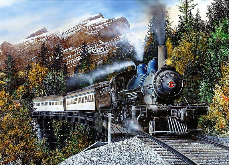 Express Train, locomotive, bridge, waggons, mountains, painting, steam, trees, HD wallpaper