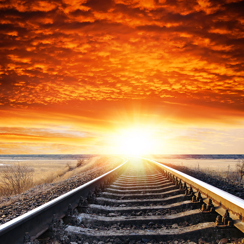 Sunset Railway, bright, nature, shine, sun, track, HD phone wallpaper