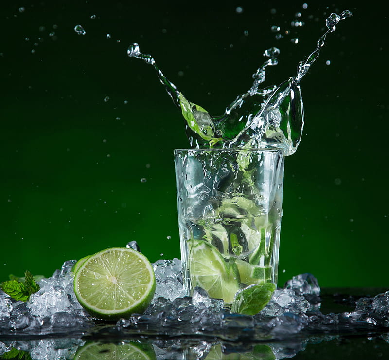 Mojito, splash, mint, cocktail, ice, drink, lime, HD wallpaper