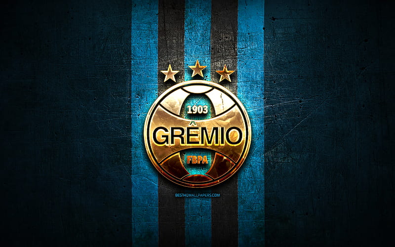 Gremio FC, golden logo, Serie A, blue metal background, football, Gremio FB Porto Alegrense, brazilian football club, Gremio FC logo, soccer, Brazil, HD wallpaper
