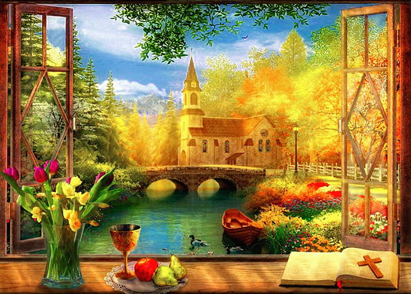 Church, colorful, autumn, house, home, interior, vase, bonito, countryside, bridge, painting, village, flowers, river, rural, art, rest, window, view, sky, landscape, HD wallpaper