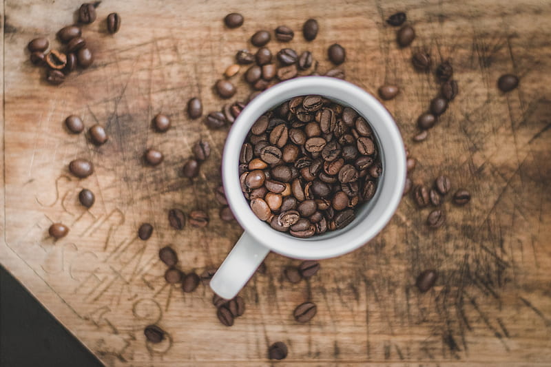 coffee, cup, aerial view, grains, HD wallpaper