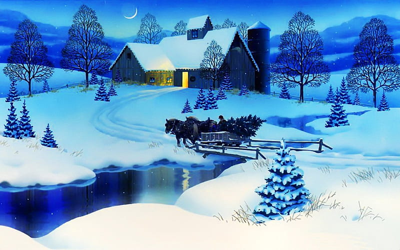 Winter scene, christmas, holiday, dusk, bonito, winter, moon, snow, ice, peaceful, village, nature, river, evening, frozen, scene, frost, HD wallpaper