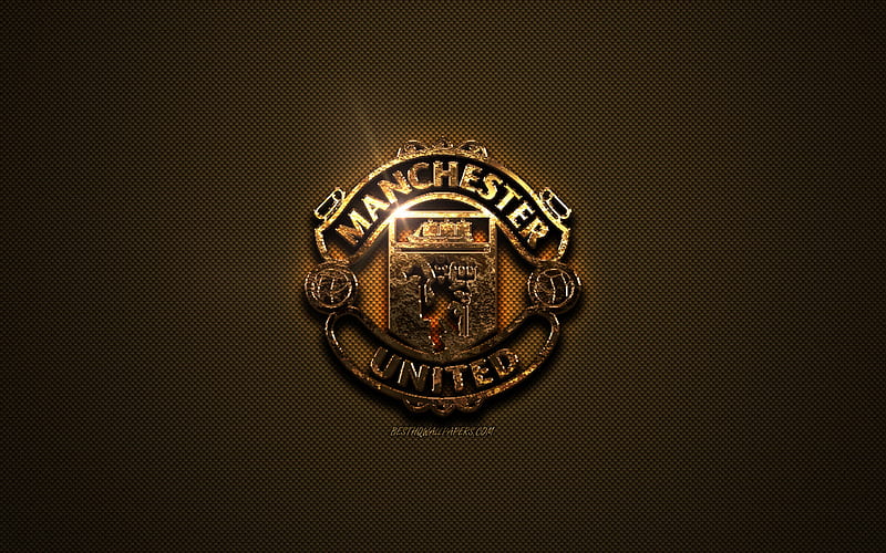 Manchester United FC, golden logo, English football club, golden emblem, Manchester, England, Premier League, golden carbon fiber texture, football, HD wallpaper
