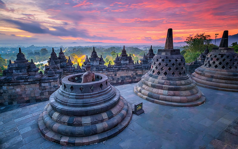 Borobudur, Mahayana Buddhist temple, buddhism, evening, sunset, ancient temple, Barabudur, Magelang, Central Java, Indonesia, Buddhist temple, Borobudur Temple Compounds, HD wallpaper