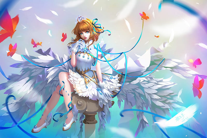 Sakura, frumusete, wings, girl, charity chan, angel, white, blue, luminos, fantasy, HD wallpaper