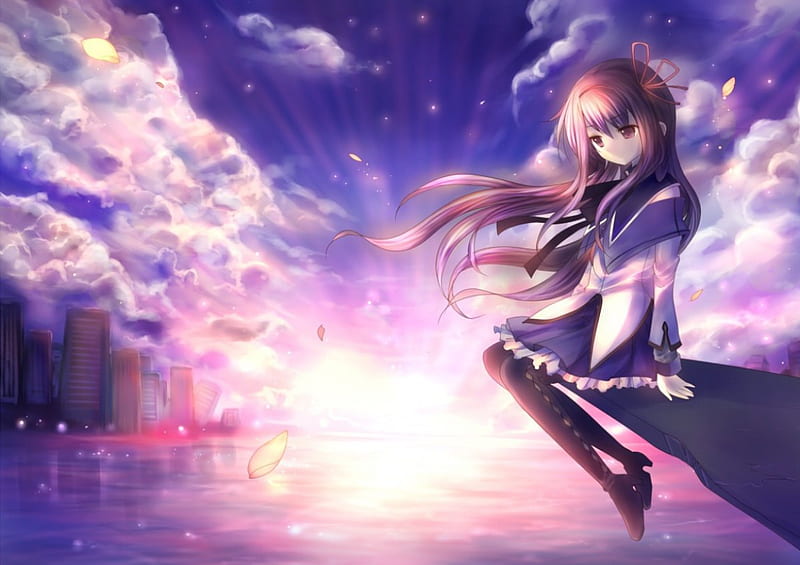 Anime girl on the ledge, flower petals, School outfit, girl, anime, HD wallpaper